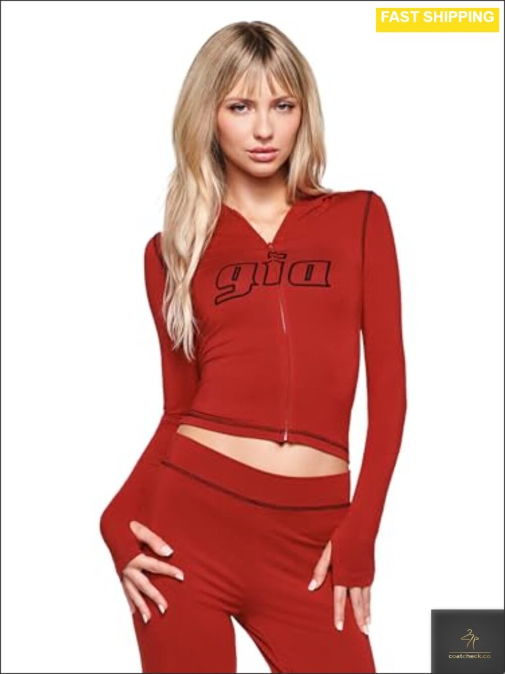 Zip-Up Cropped Hoodie Thumbhole Sleeves Contrast Stitching